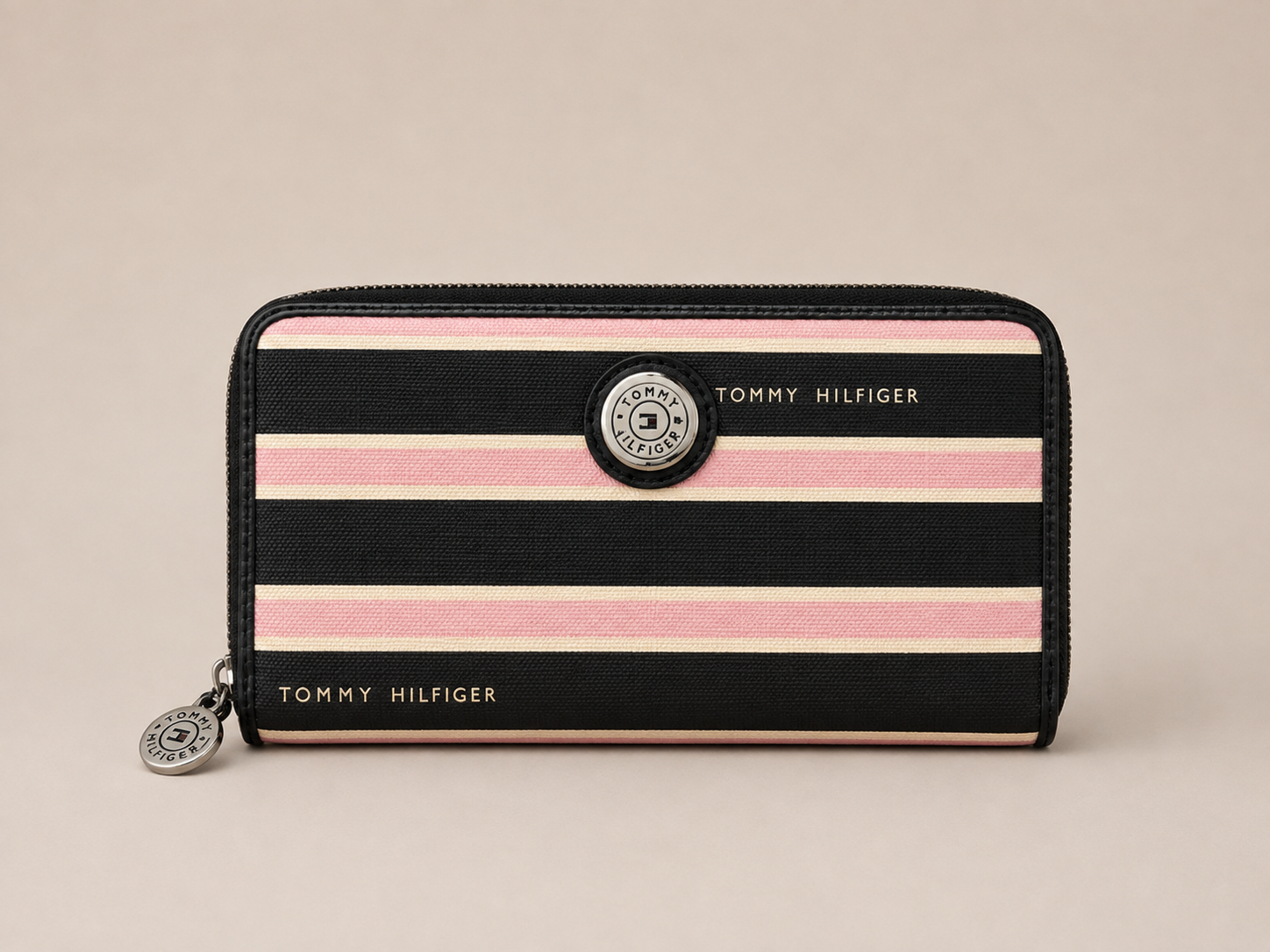 CARTERA TOMMY HILFIGER RAYAS ROSA Y NEGRO