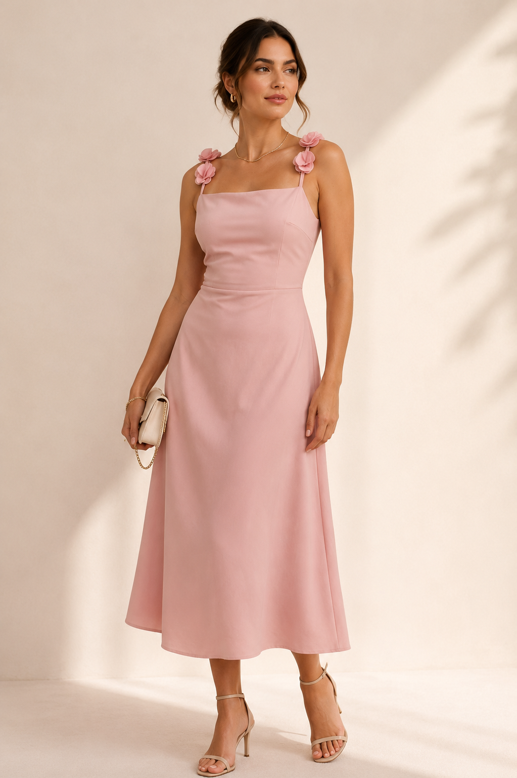 Vestido Rosa Satin Con Flores