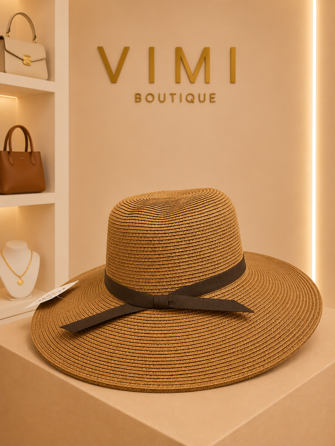 SOMBRERO DE ALA ANCHA CAMEL CON LISTÓN NEGRO