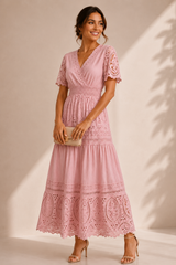 Vestido Rosa Largo Encaje Floral