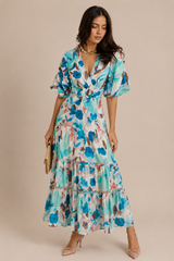Vestido Largo Estampado Floral Tonos Turquesa, Marron y Rosa, Cuello V Mangas Abullonadas