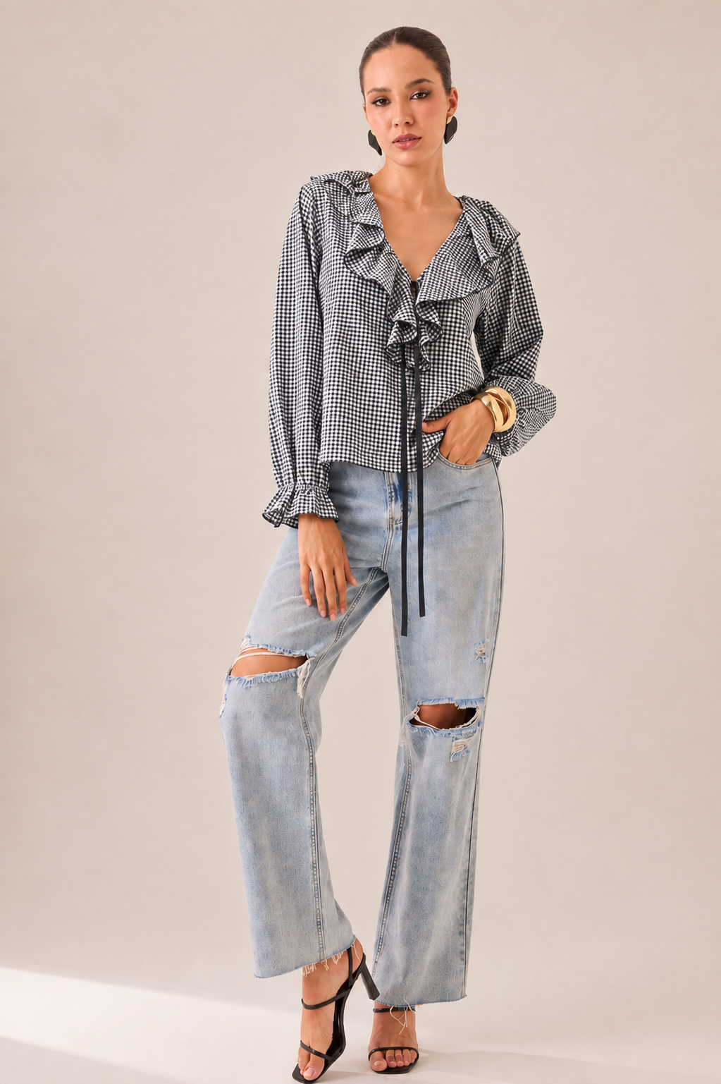 BLUSA VICHY NOIR RUFFLE