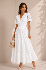Vestido Blanco Largo Encaje Floral
