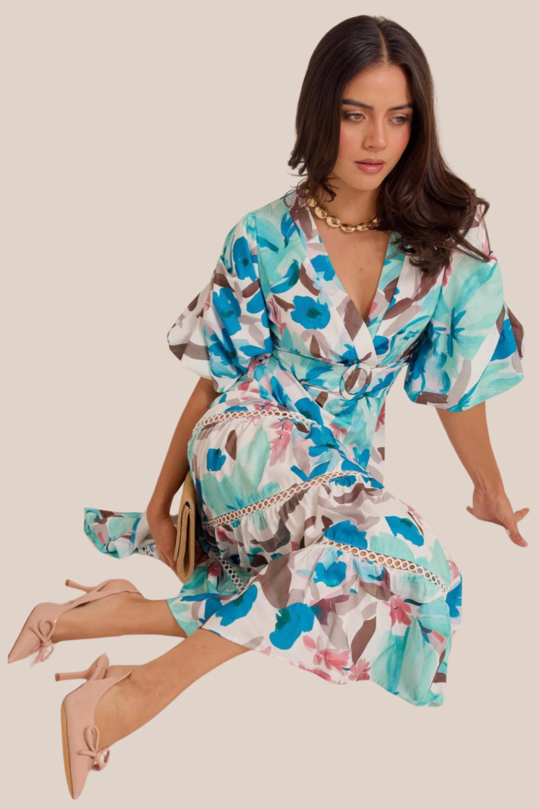 Vestido Largo Estampado Floral Tonos Turquesa, Marron y Rosa, Cuello V Mangas Abullonadas