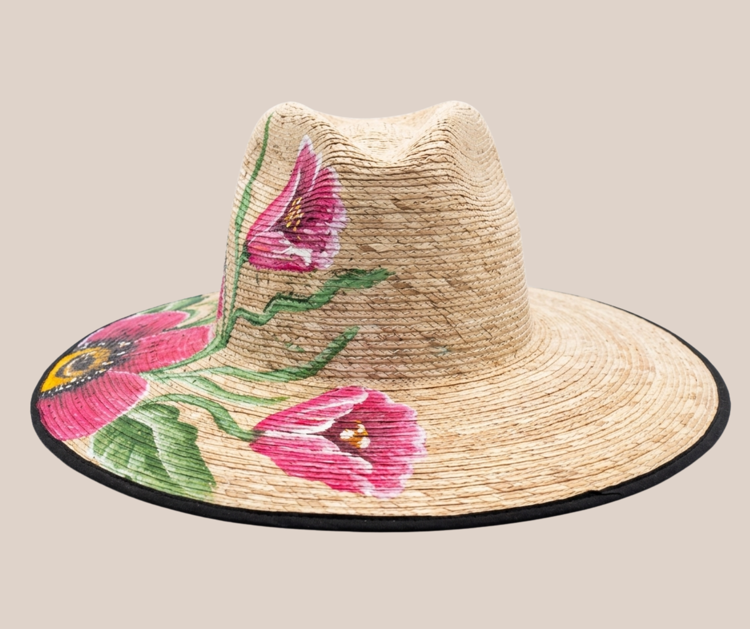 Sombrero de Palma Pintado Flores Rosas