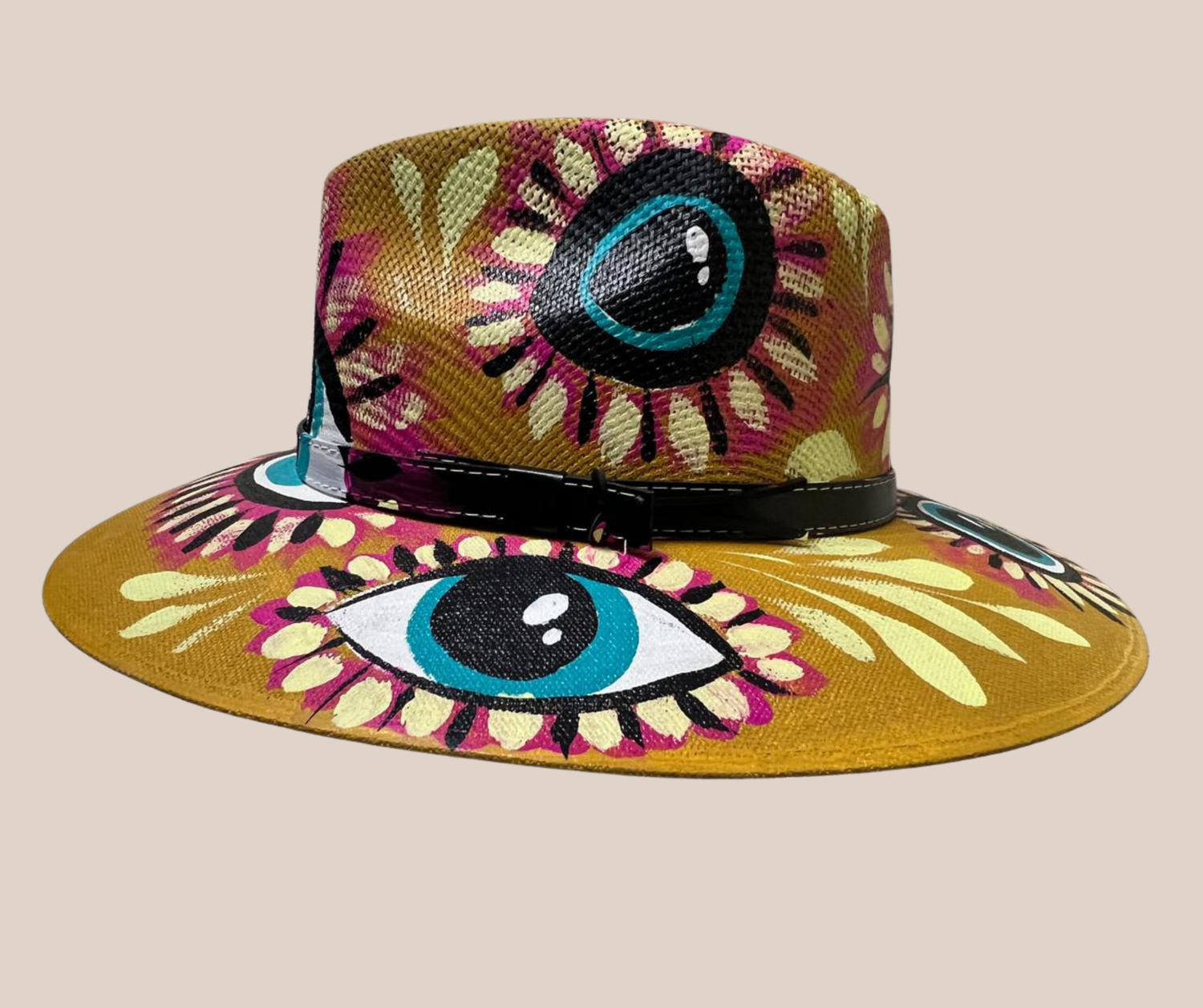 Sombrero Yute Pintado Caqui Con Ojos