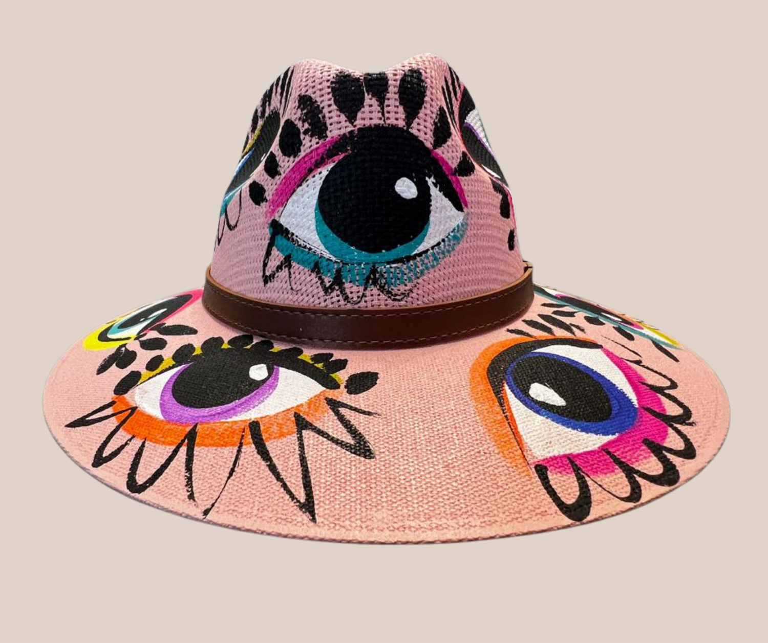 Sombrero Yute Pintado Rosa Con Ojos