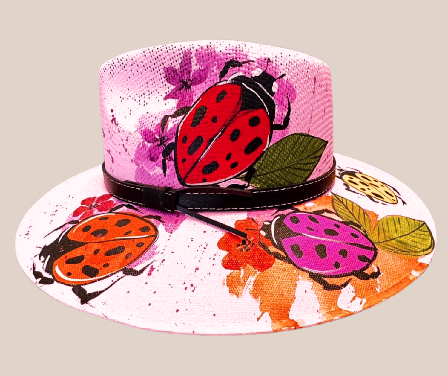 Sombrero Yute Pintado Rosa Con Catarinas