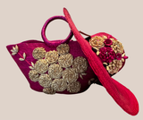 Bolsa de Palma y Sombrero Rosa Mexicano  Con Flores Beige