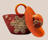 Bolsa de Palma y Sombrero Naranja Con Flores Beige