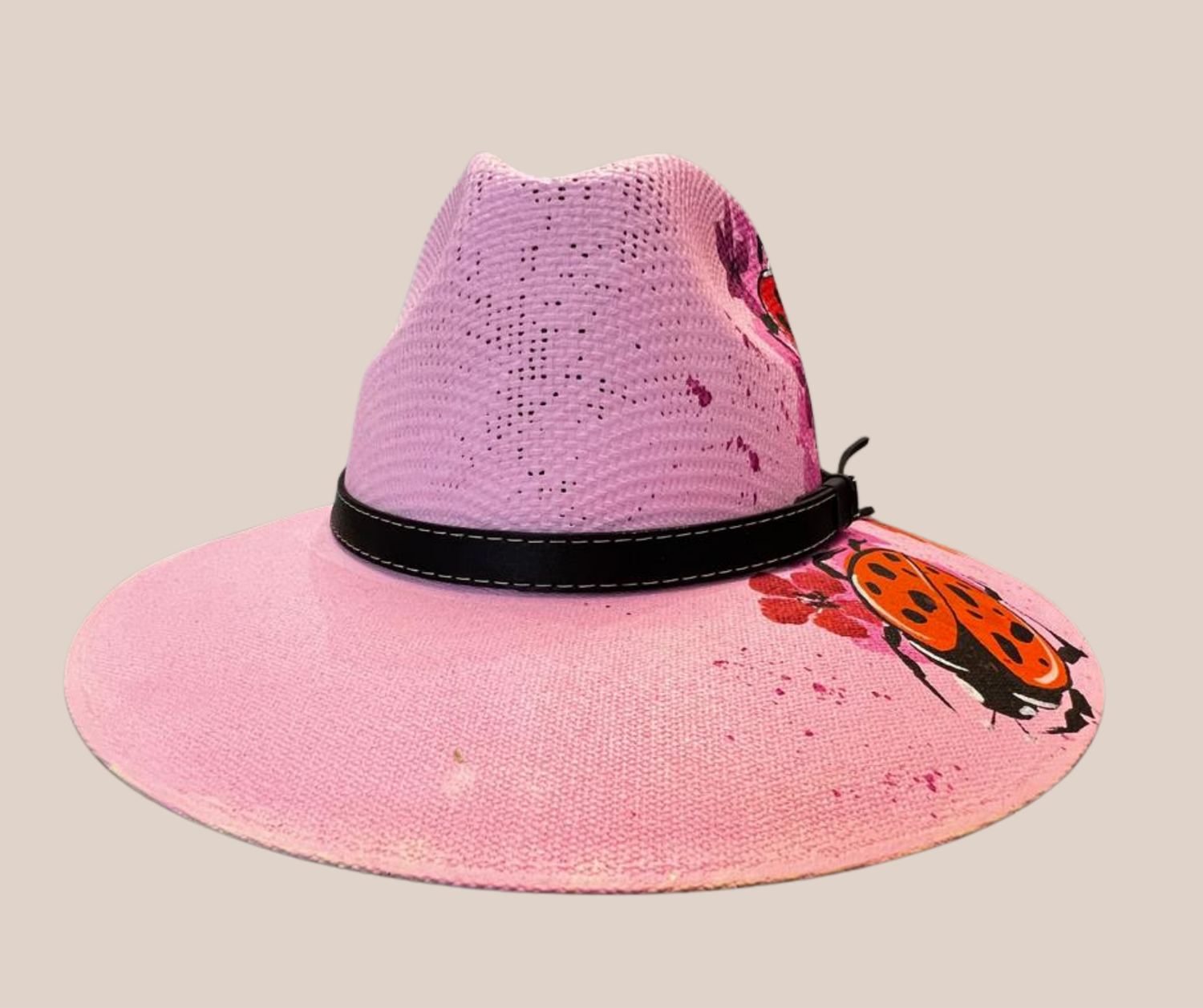 Sombrero Yute Pintado Rosa Con Catarinas