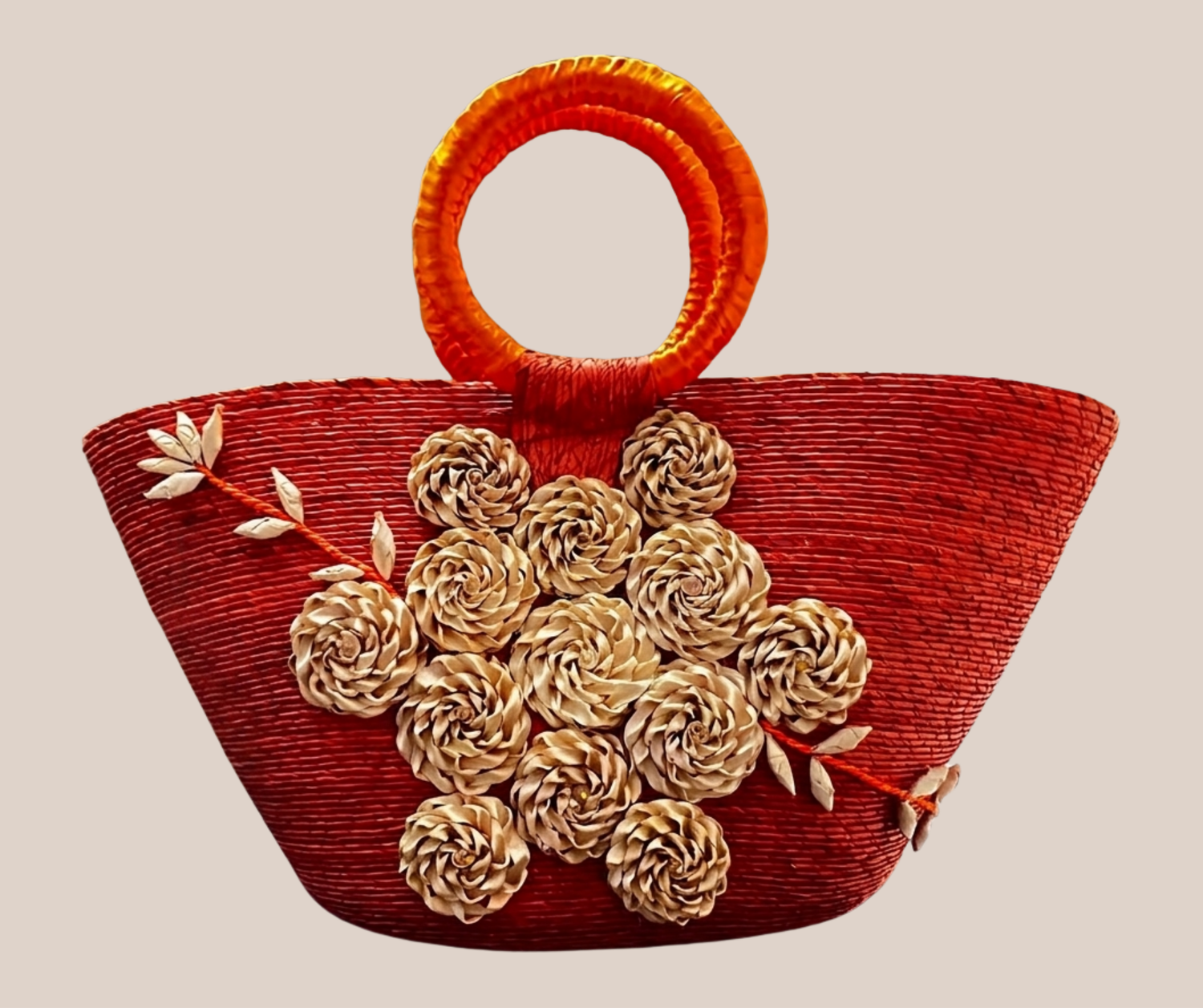 Bolsa de Palma y Sombrero Naranja Con Flores Beige