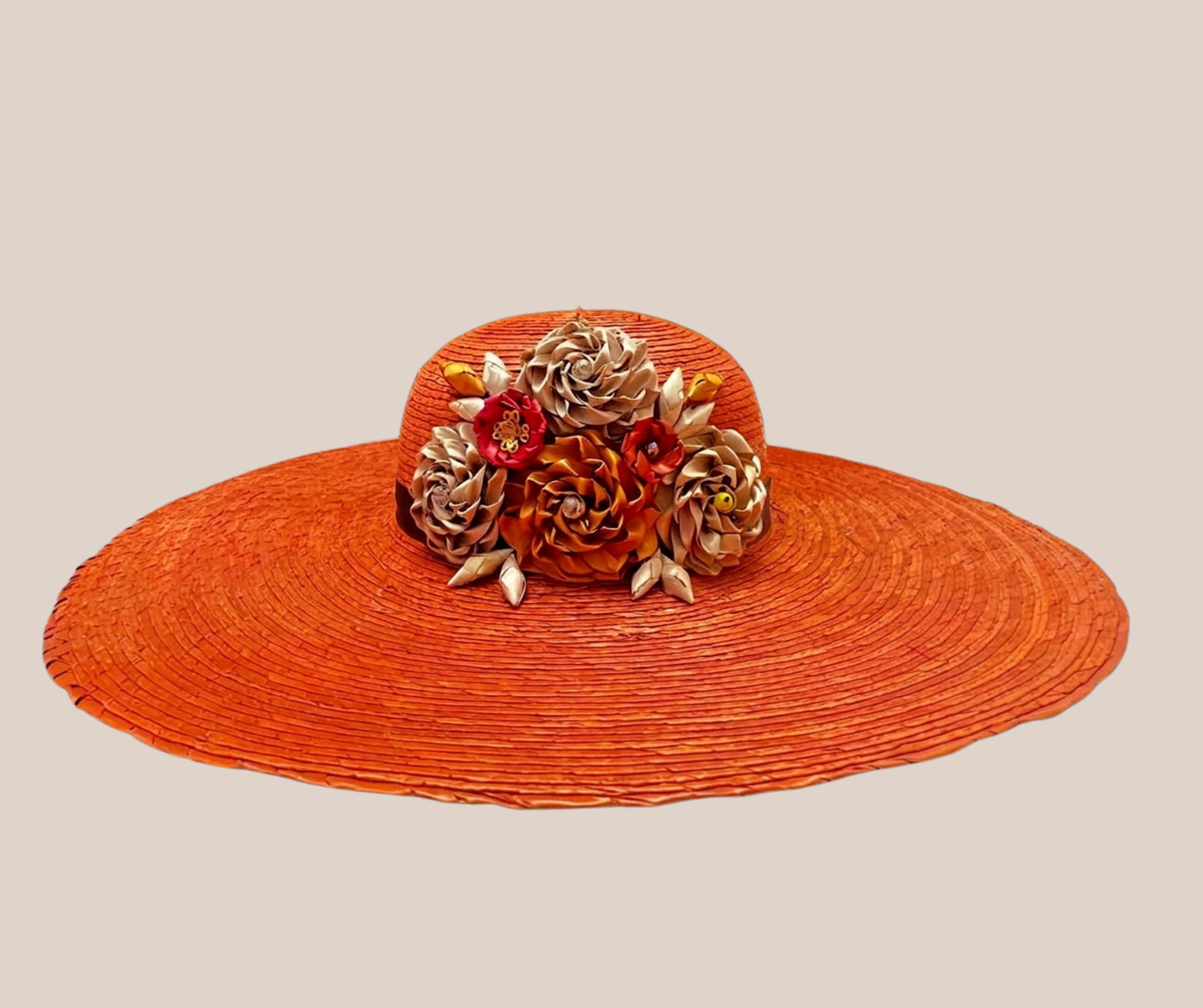 Bolsa de Palma y Sombrero Naranja Con Flores Beige