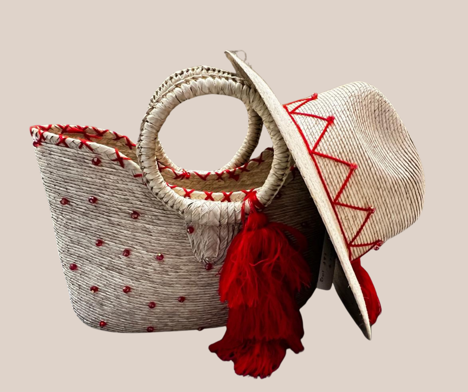 Bolsa y Sombrero de Palma Con Motas Rojas