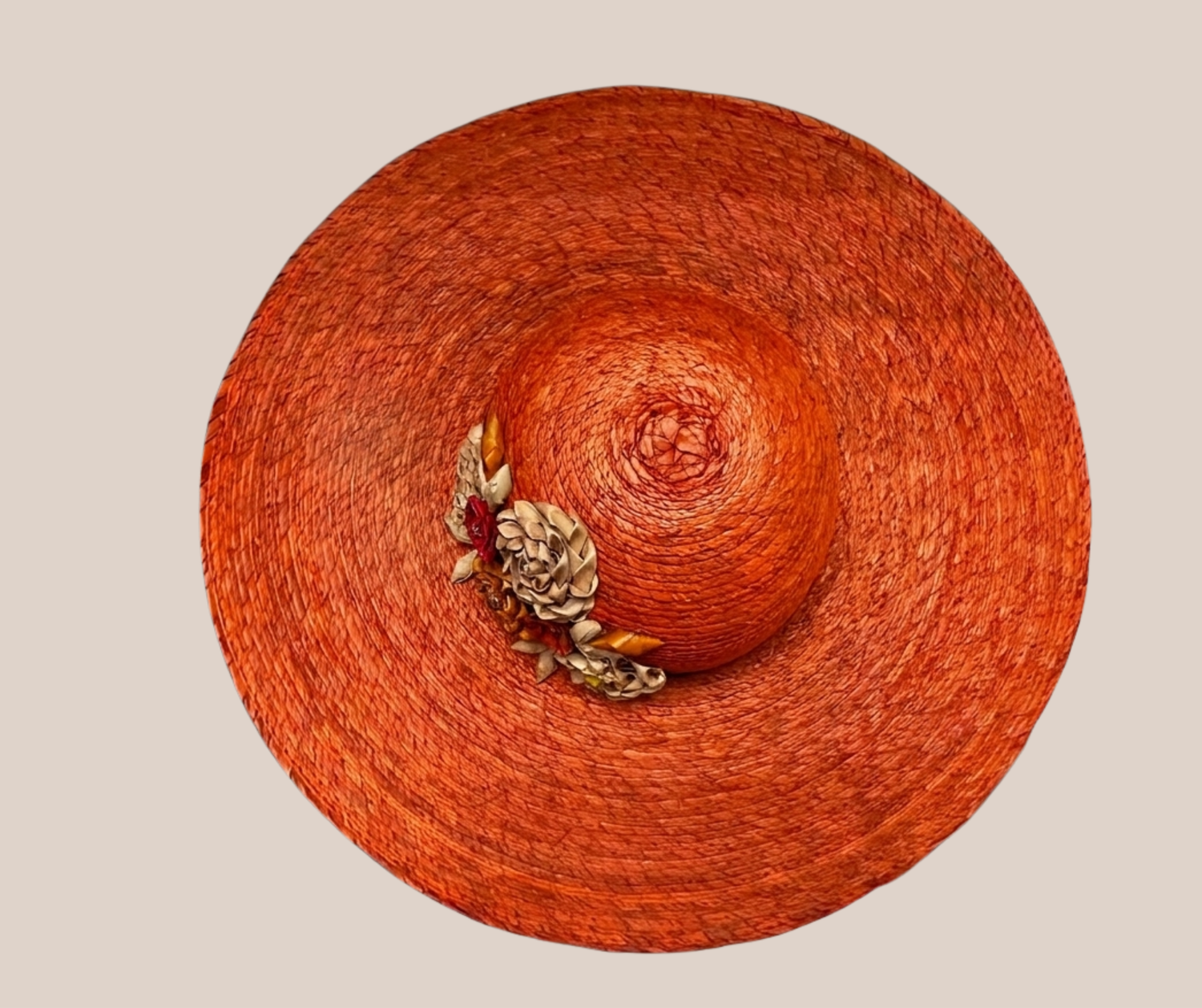 Bolsa de Palma y Sombrero Naranja Con Flores Beige
