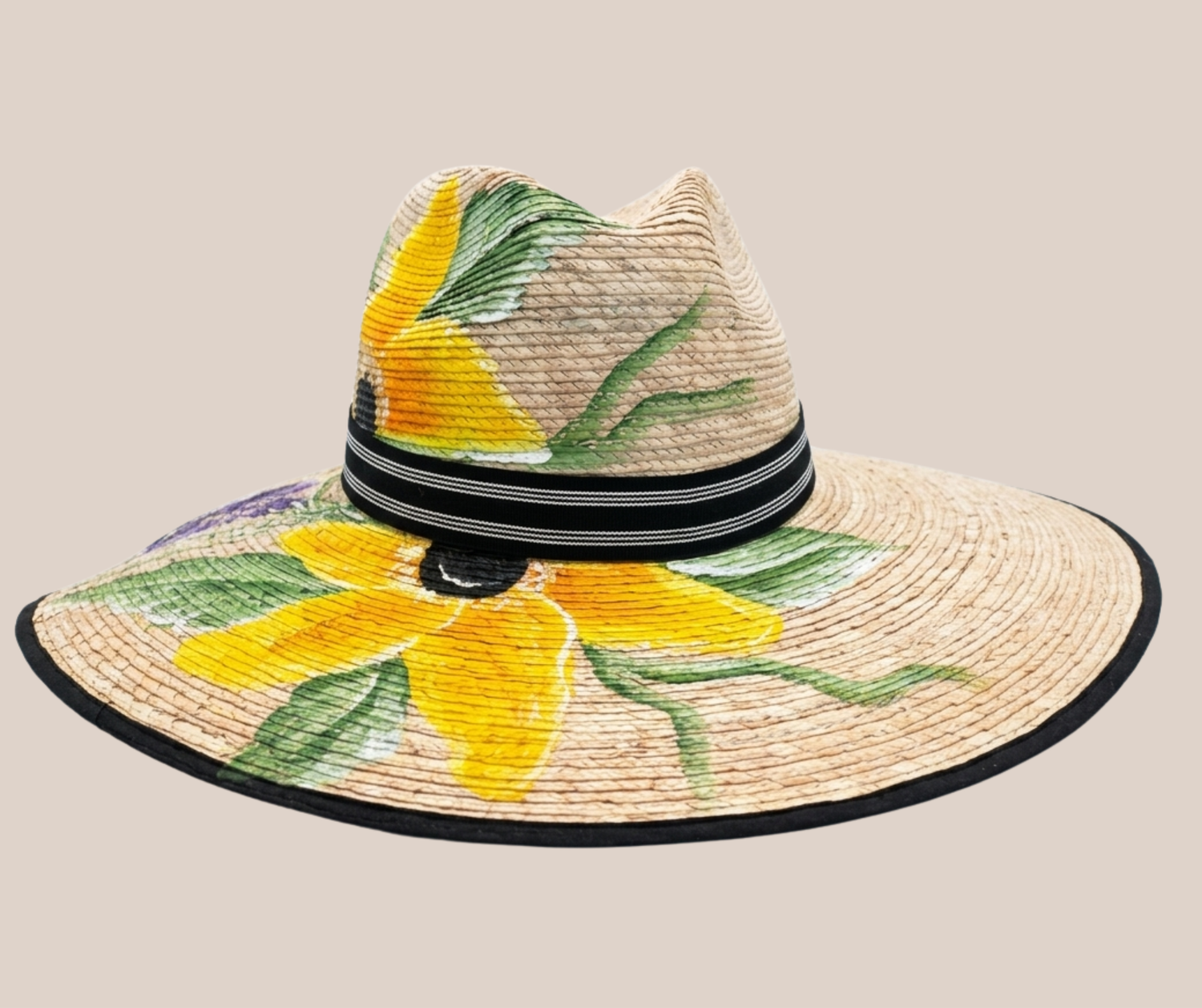 Sombrero de Palma Pintado Flores Amarillas Con Lila