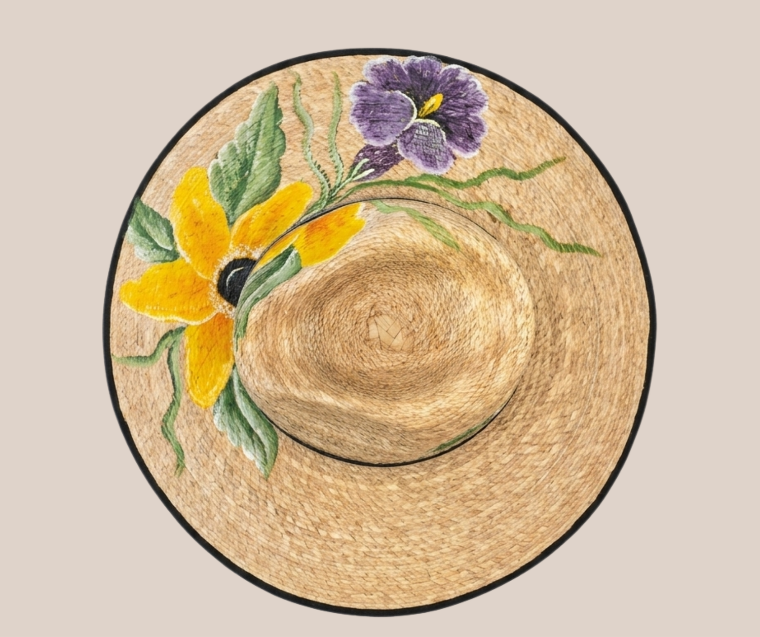 Sombrero de Palma Pintado Flores Amarillas Con Lila