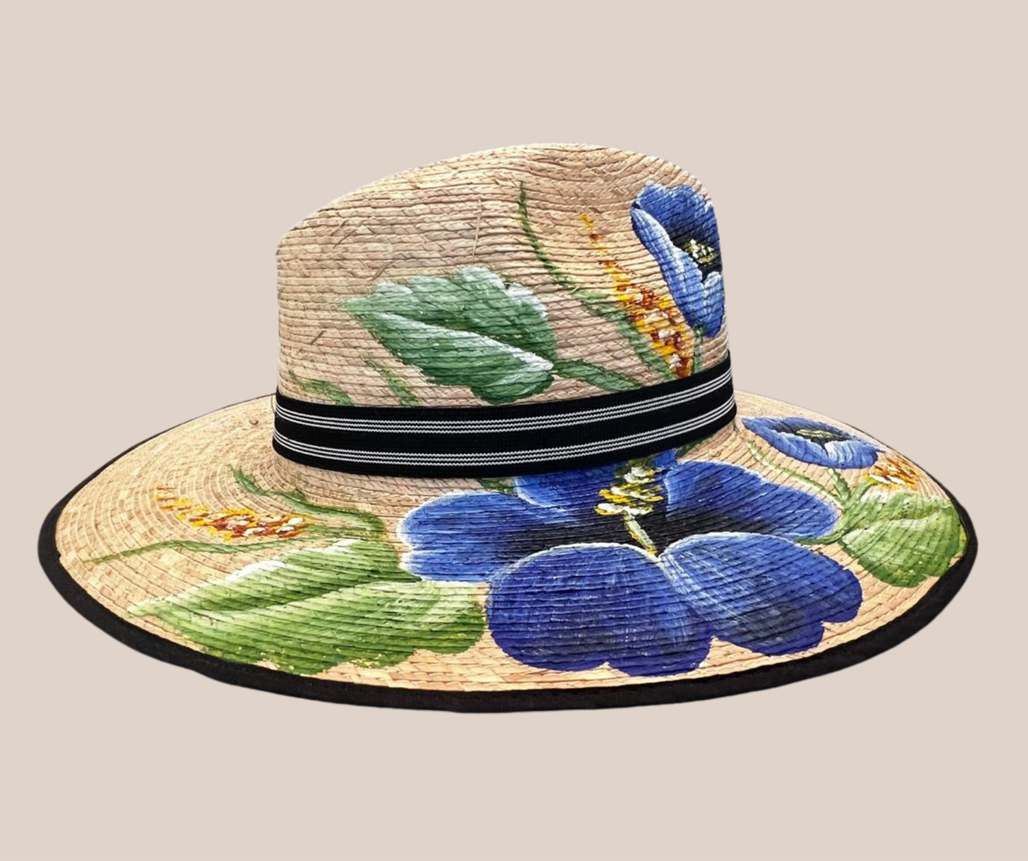 Sombrero de Palma Pintado  Flores Azules