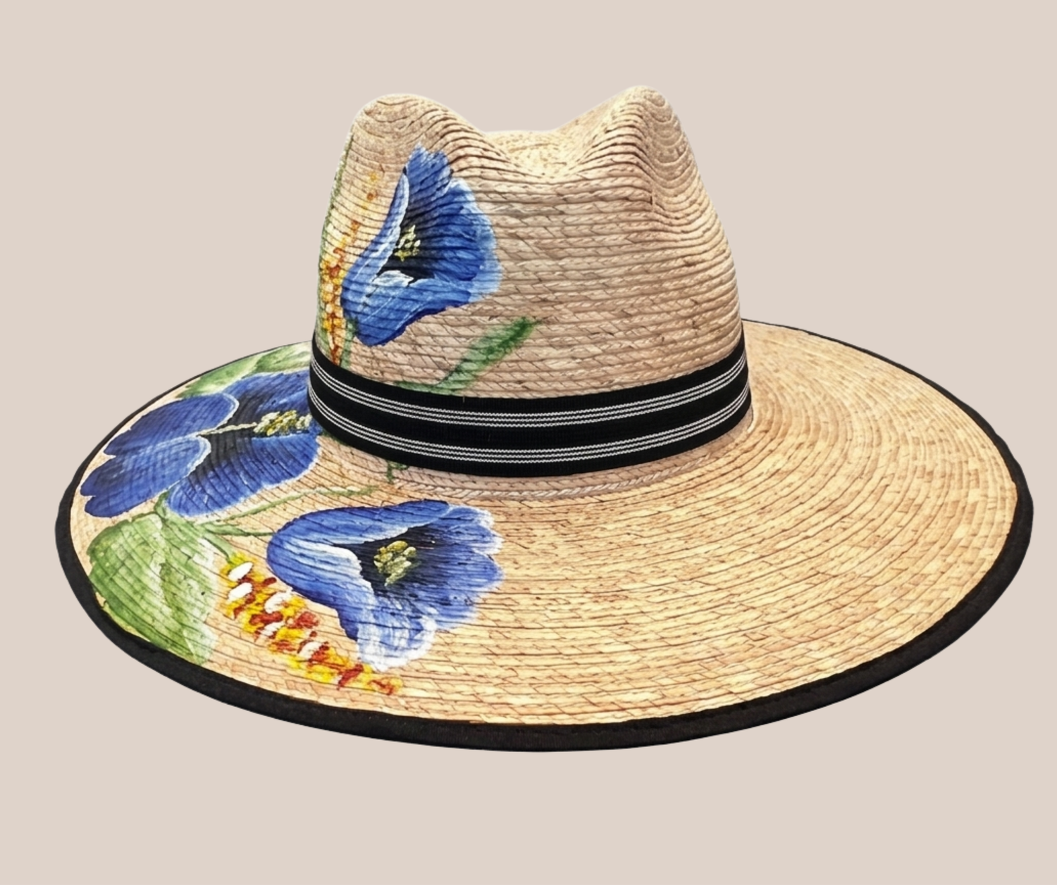 Sombrero de Palma Pintado  Flores Azules