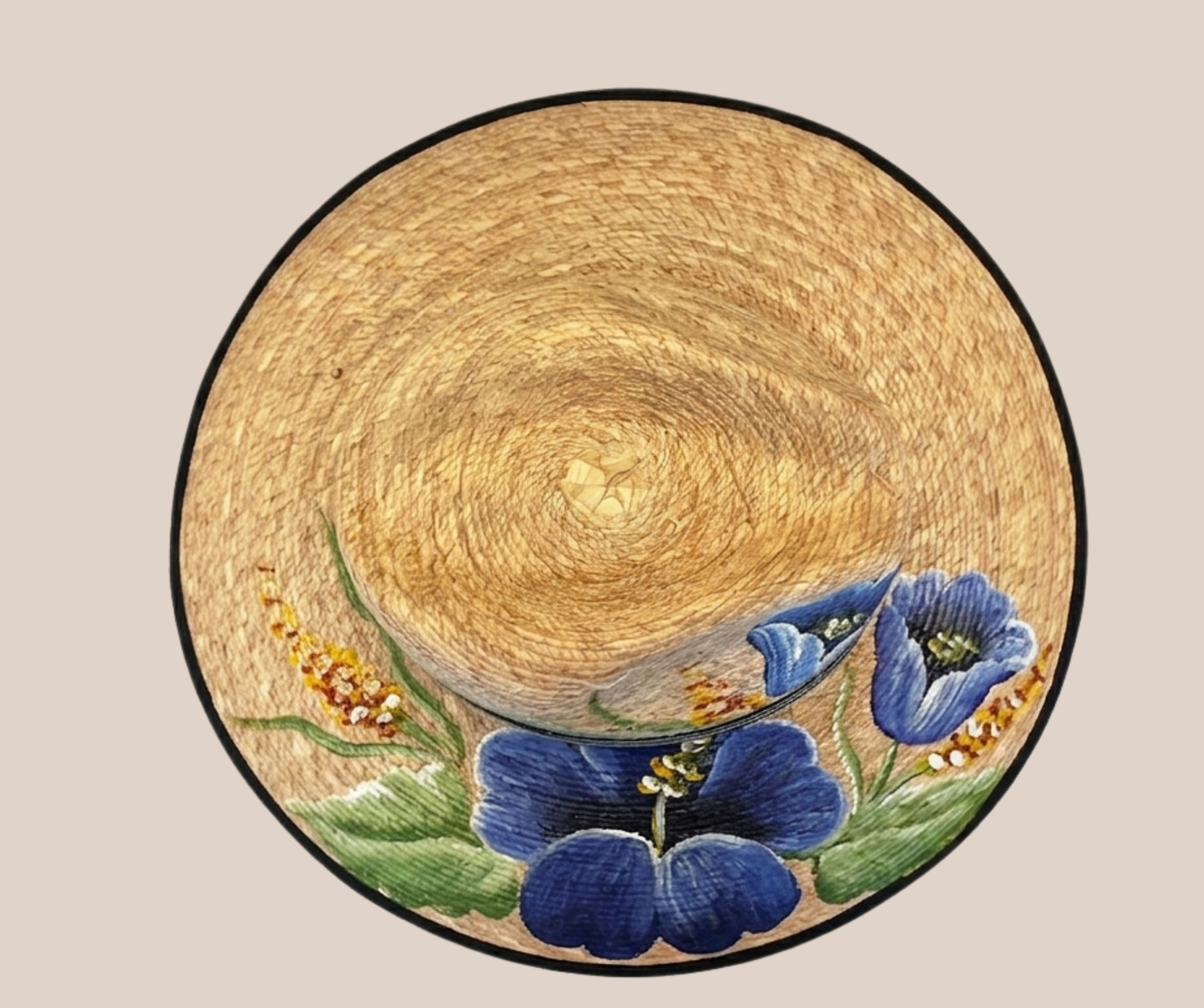 Sombrero de Palma Pintado  Flores Azules
