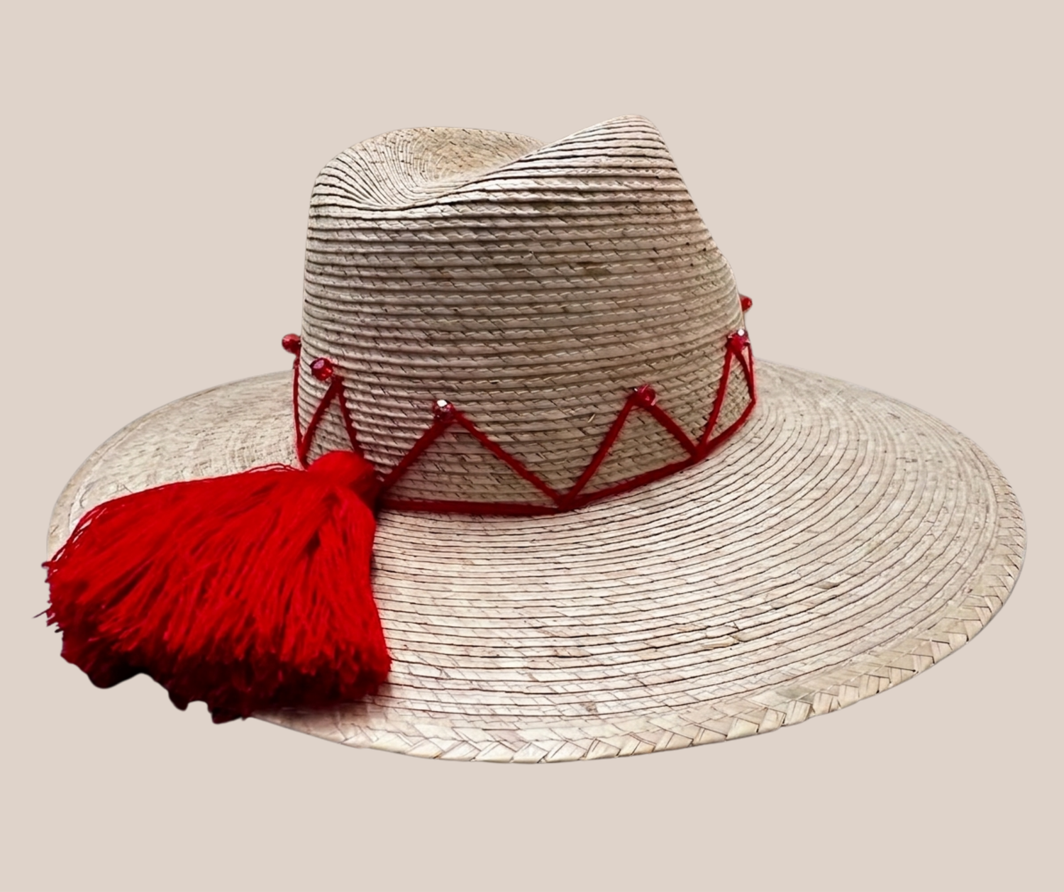 Bolsa y Sombrero de Palma Con Motas Rojas