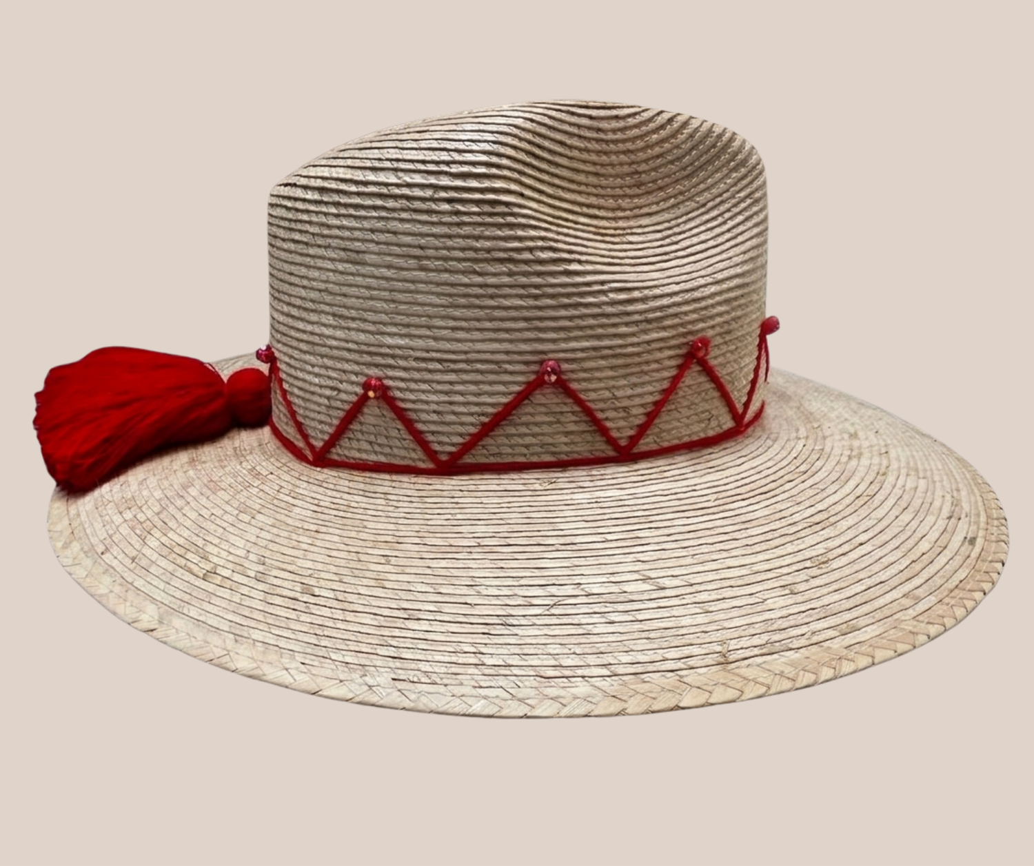 Bolsa y Sombrero de Palma Con Motas Rojas