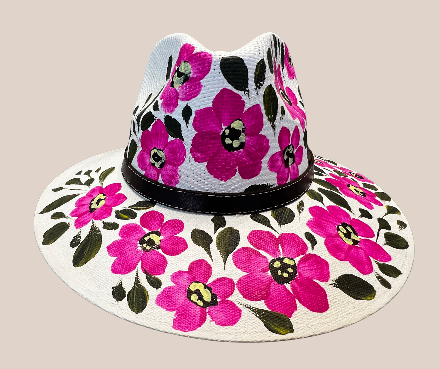 Sombrero Yute Pintado Blanco Con Flores Rosa Mexicano