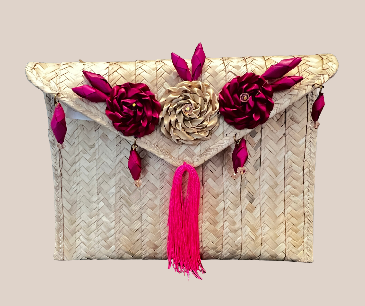 Bolso de Mano, Sombrero de Palma Rosa Mexicano con Flores