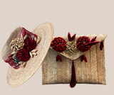 Bolso de Mano, Sombrero de Palma Rojo Con Flores