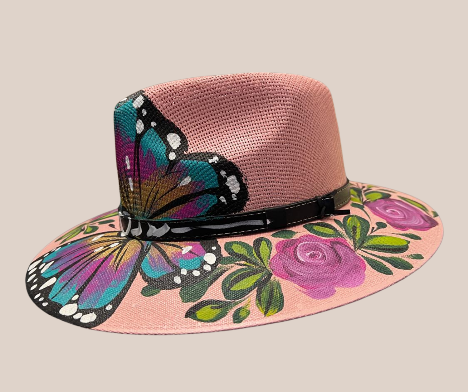 Sombrero Yute Pintado Rosa Con Mariposa Lila