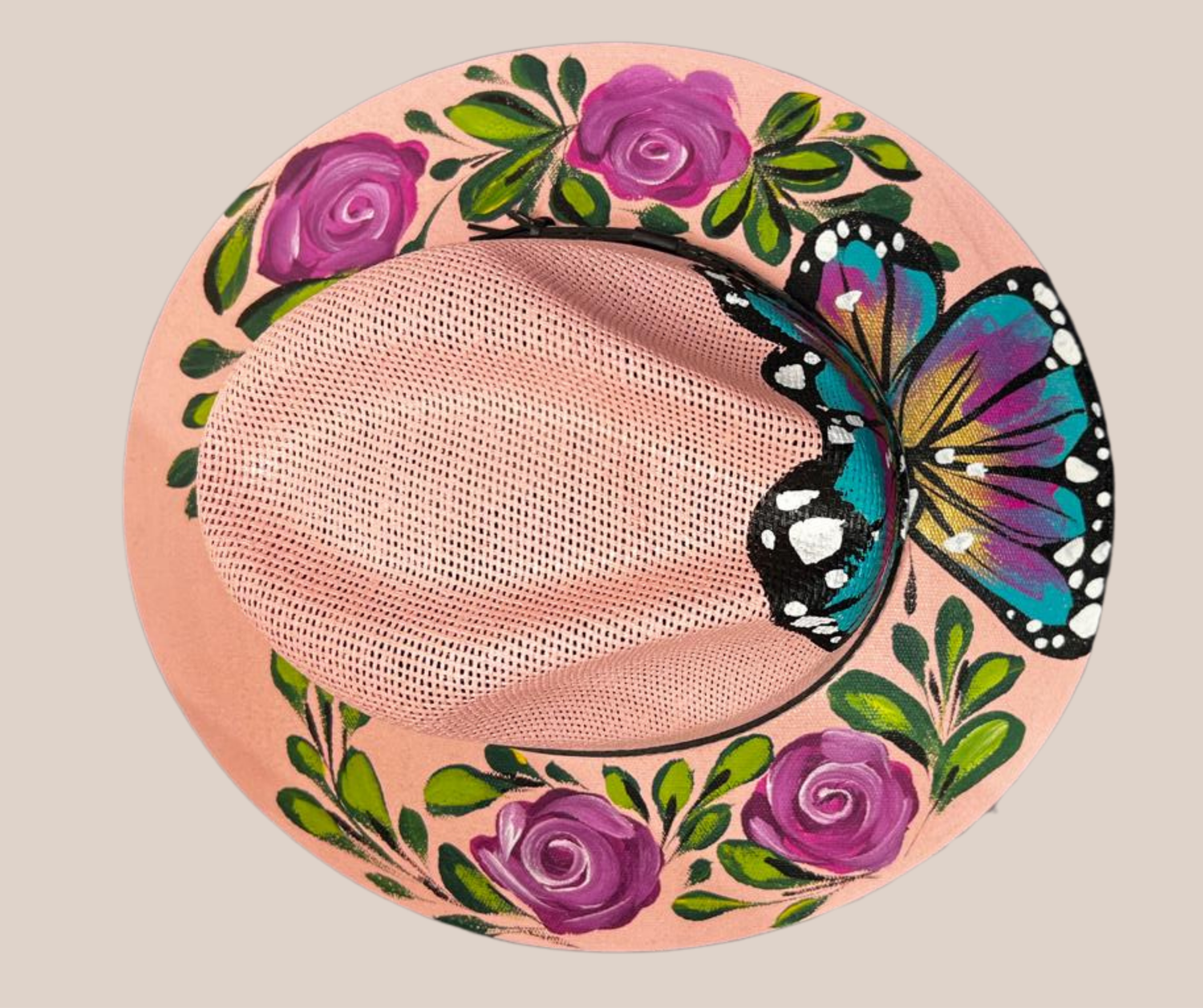 Sombrero Yute Pintado Rosa Con Mariposa Lila