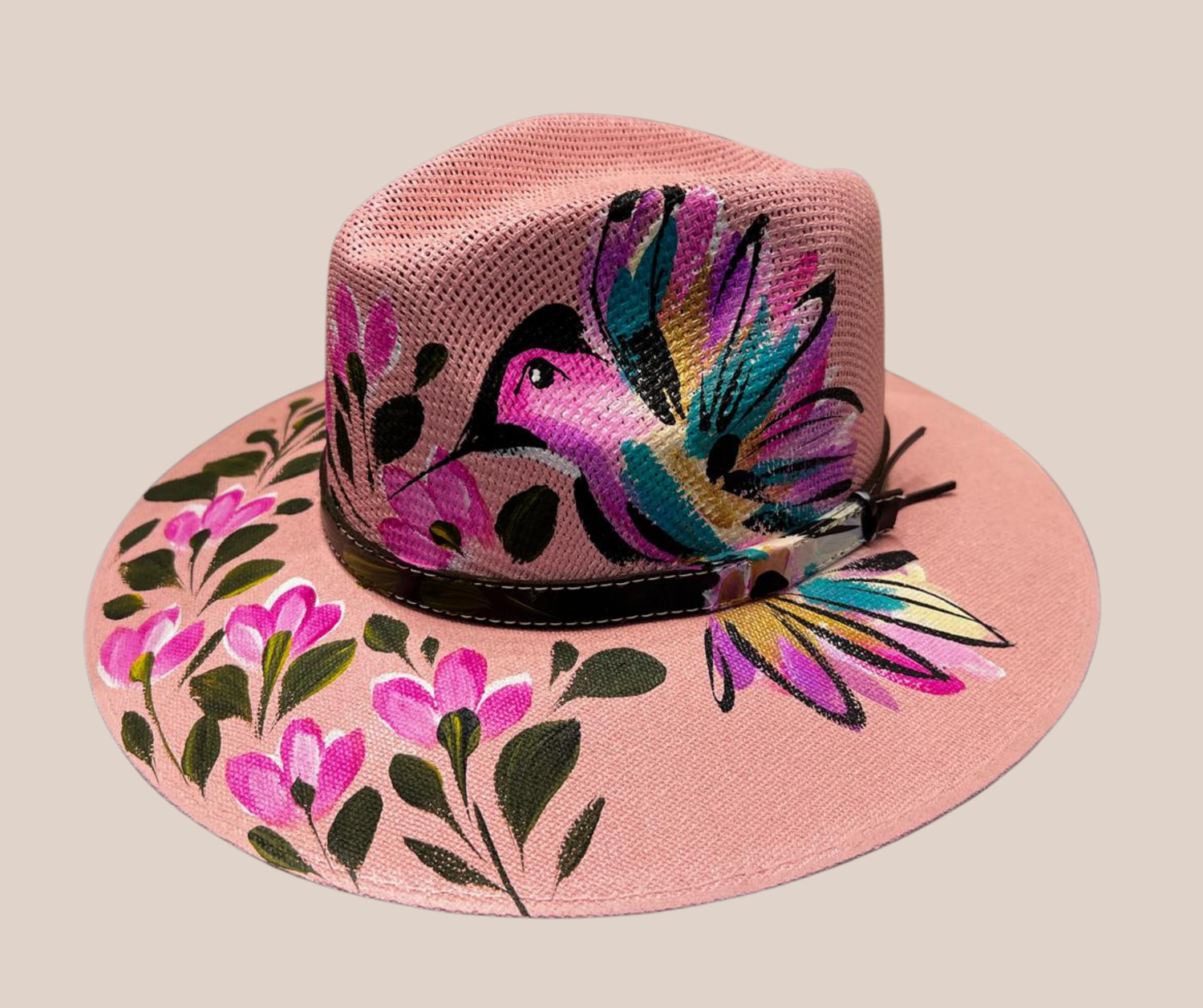 Sombrero Yute Pintado Rosa Con Colibrí