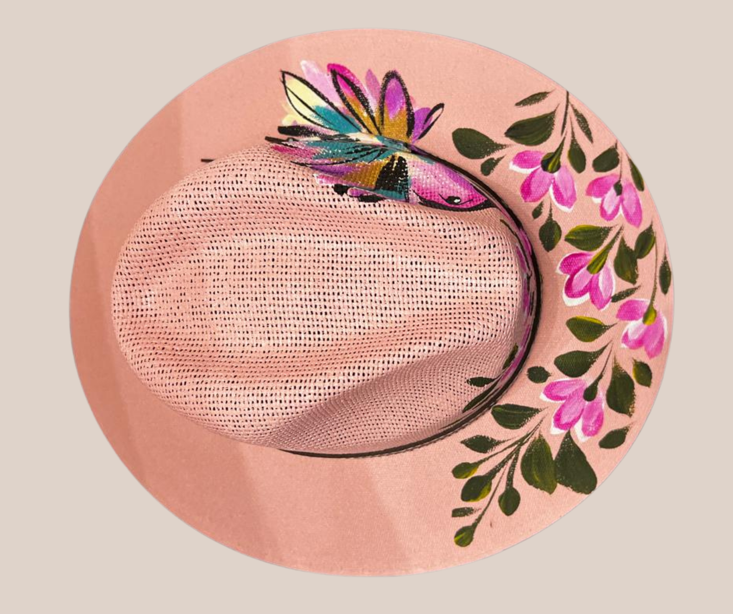 Sombrero Yute Pintado Rosa Con Colibrí