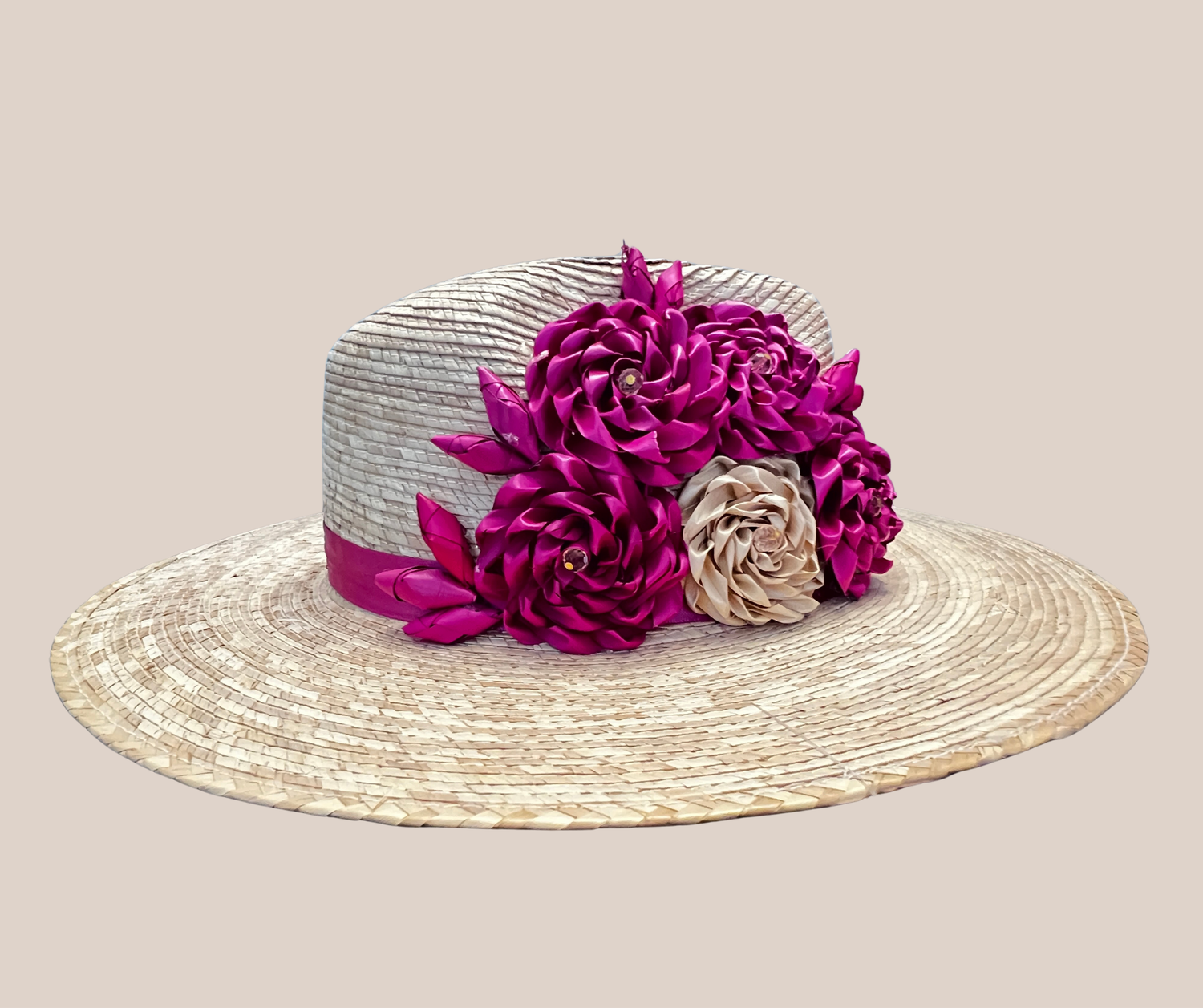 Bolso de Mano, Sombrero de Palma Rosa Mexicano con Flores