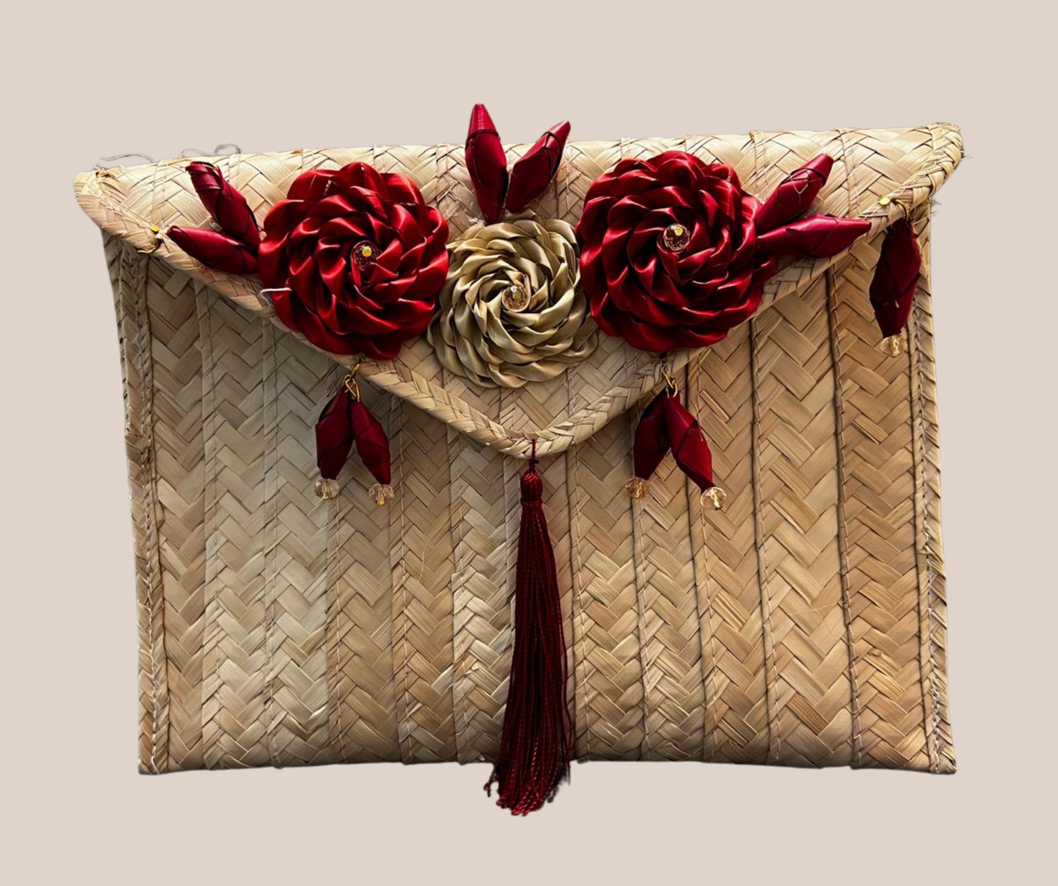 Bolso de Mano, Sombrero de Palma Rojo Con Flores