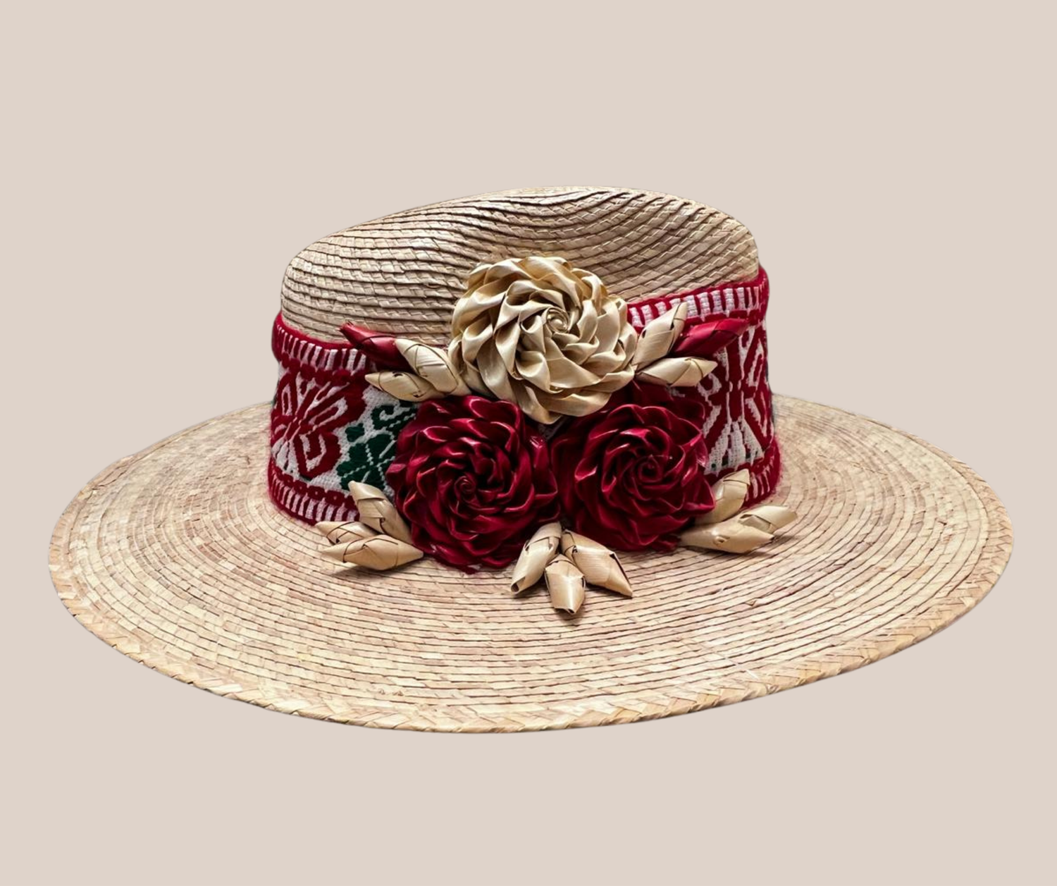 Bolso de Mano, Sombrero de Palma Rojo Con Flores