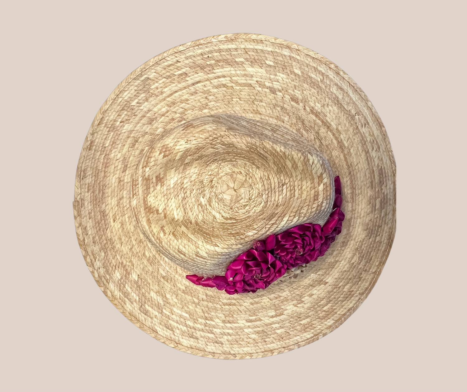 Bolso de Mano, Sombrero de Palma Rosa Mexicano con Flores