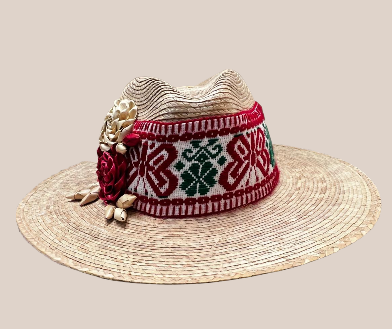 Bolso de Mano, Sombrero de Palma Rojo Con Flores