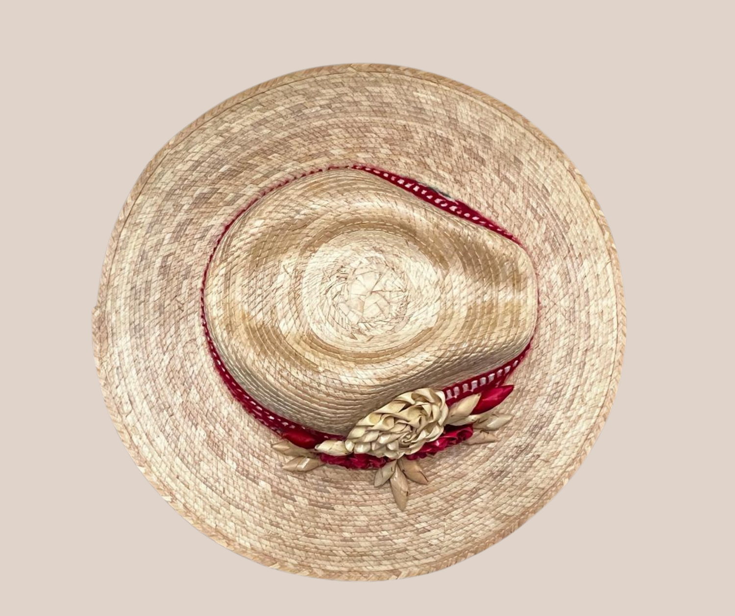 Bolso de Mano, Sombrero de Palma Rojo Con Flores