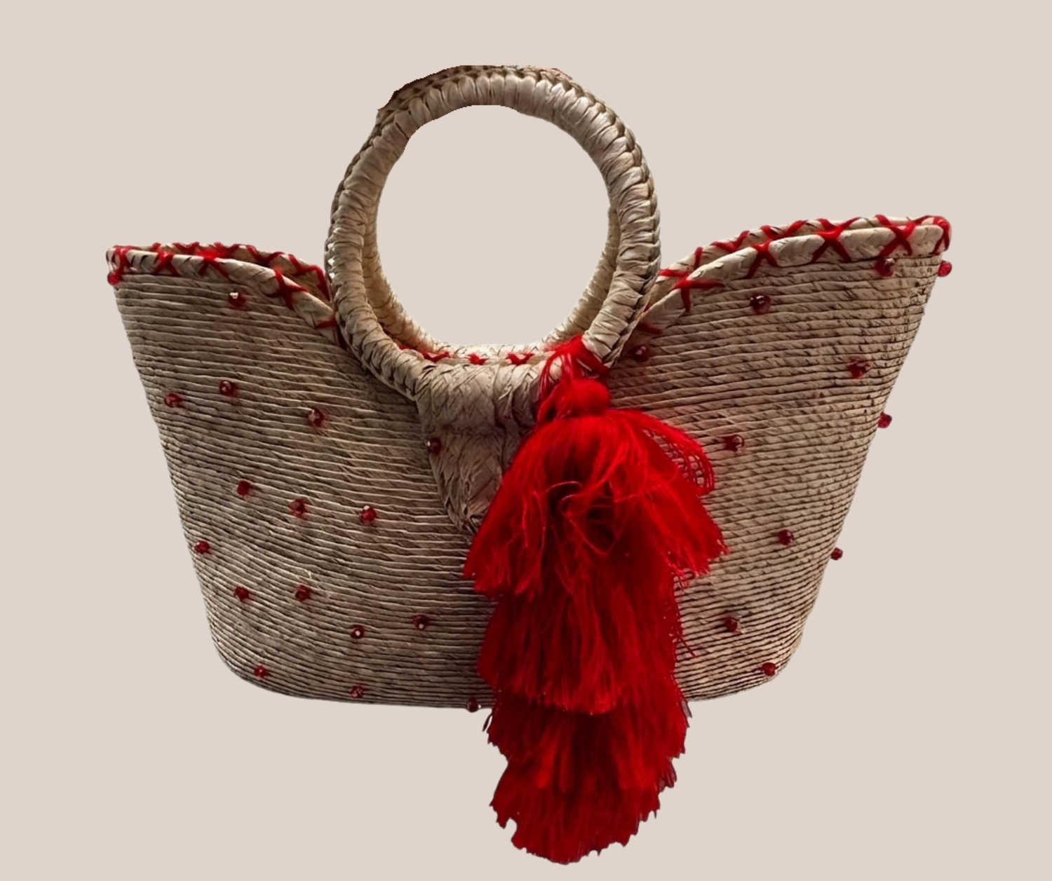 Bolsa y Sombrero de Palma Con Motas Rojas