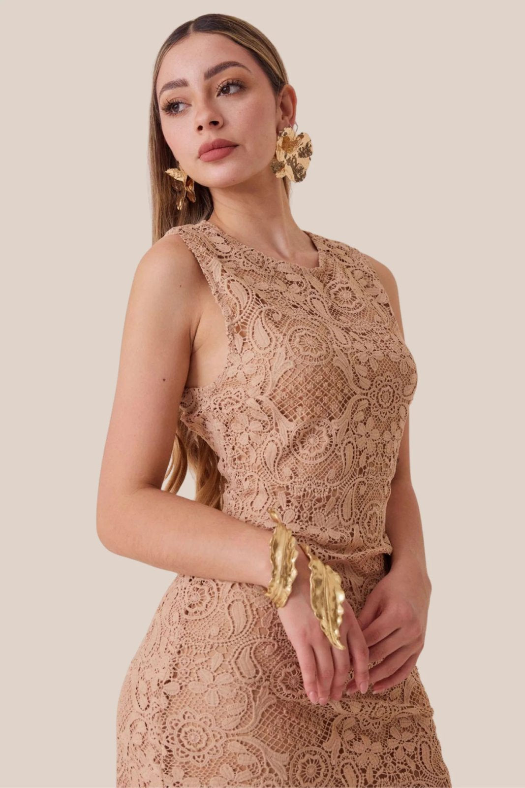 Vestido Beige Largo de Encaje y Gasa Plisada