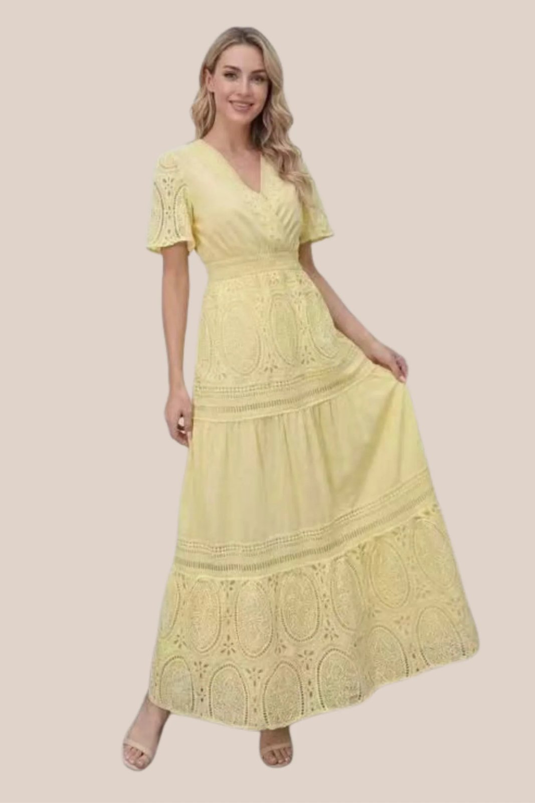 VESTIDO AMARILLO LARGO ENCAJE FLORAL