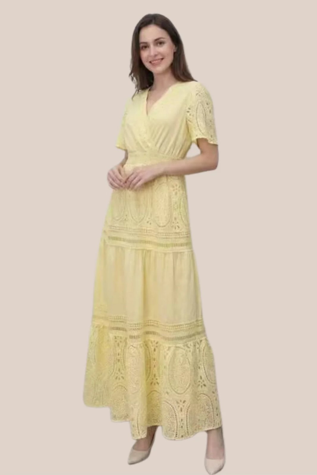 VESTIDO AMARILLO LARGO ENCAJE FLORAL