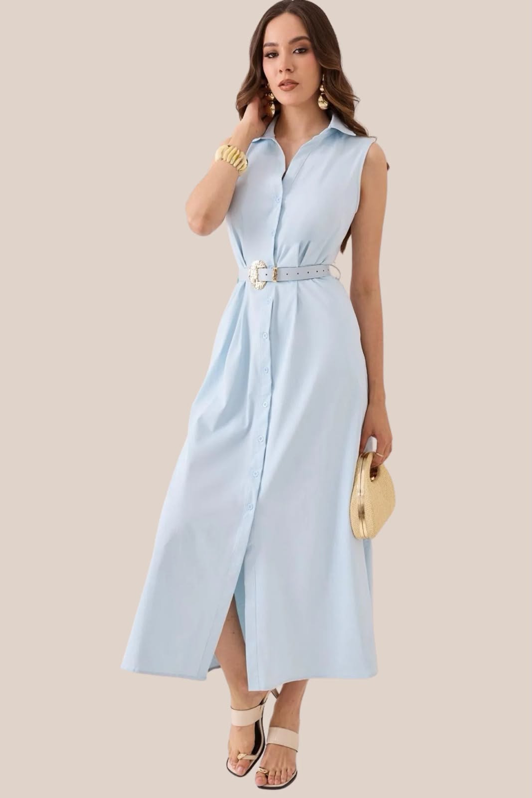 Vestido Azul Sin Mangas con Cinto Corazón