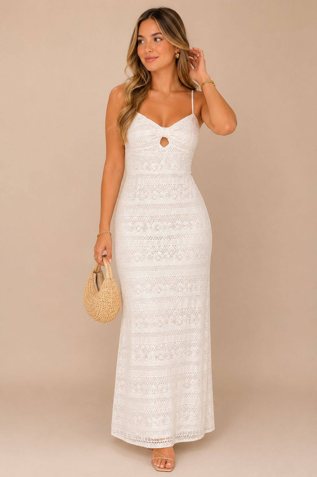 Vestido Blanco de Tirantes Escote Recto Tejido