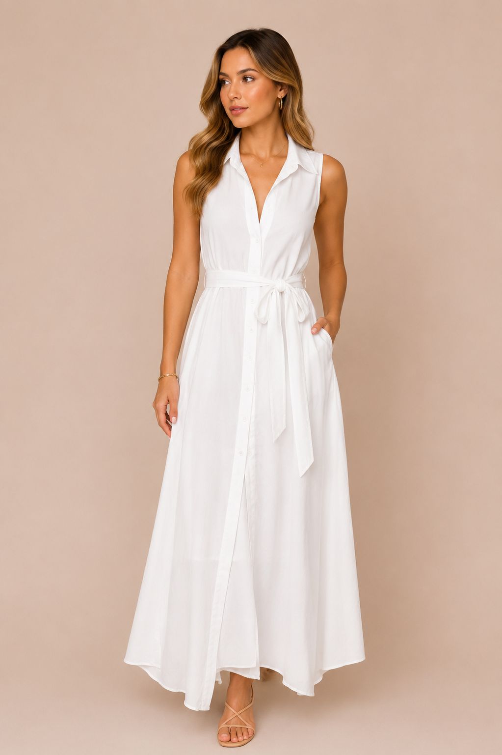 Vestido Blanco Largo Cuello V Algodón