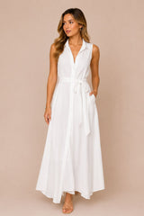 Vestido Blanco Largo Cuello V Algodón