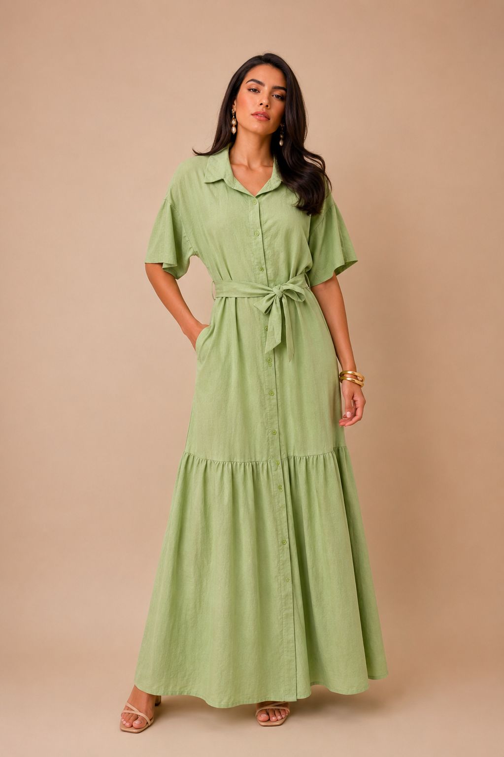 Vestido Verde Botones, Manga y Terminado en Volantes
