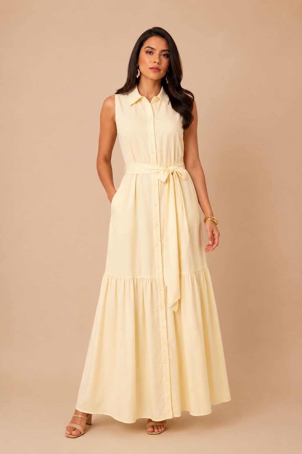 Vestido Amarillo Largo Cuello V Algodón