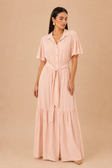 Vestido Rosa Con Cuello de Solapas Clásico